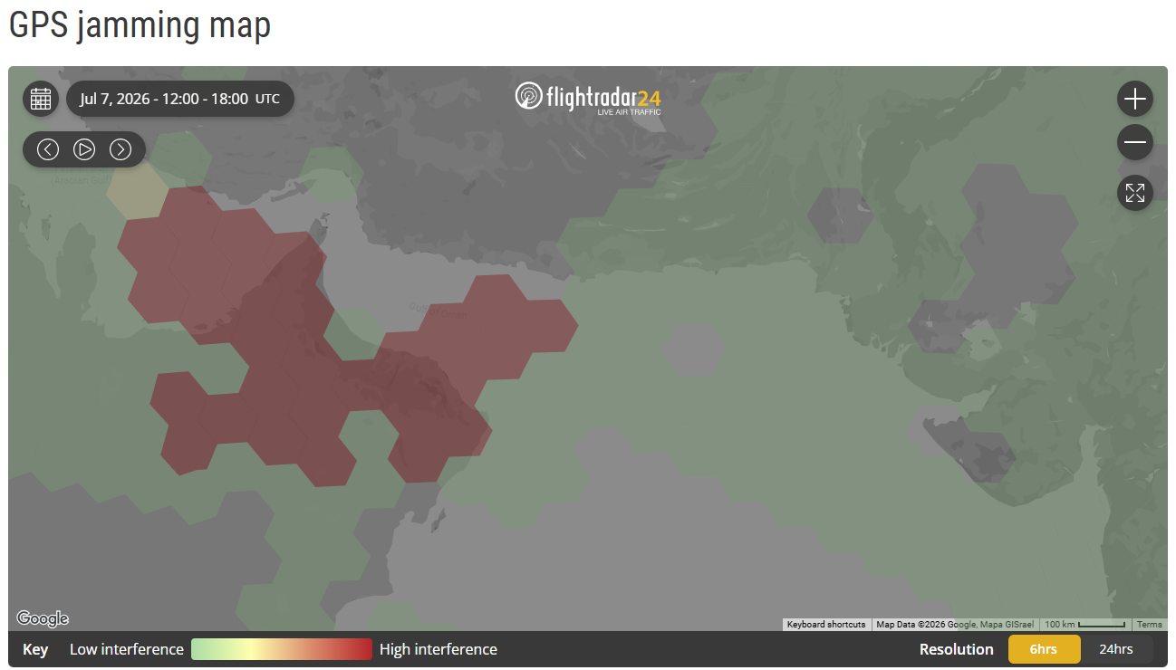 FR24 GPS jamming map, 2026-07-07 12:00-18:00 UTC