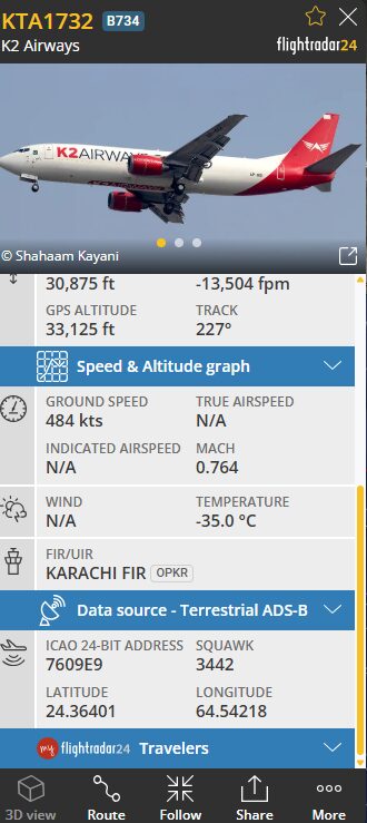 16:19:09 UTC — TAS/IAS N/A · GPS alt 33,125ft, Mach 0.764, temp -35℃ still valid · Terrestrial ADS-B confirmed